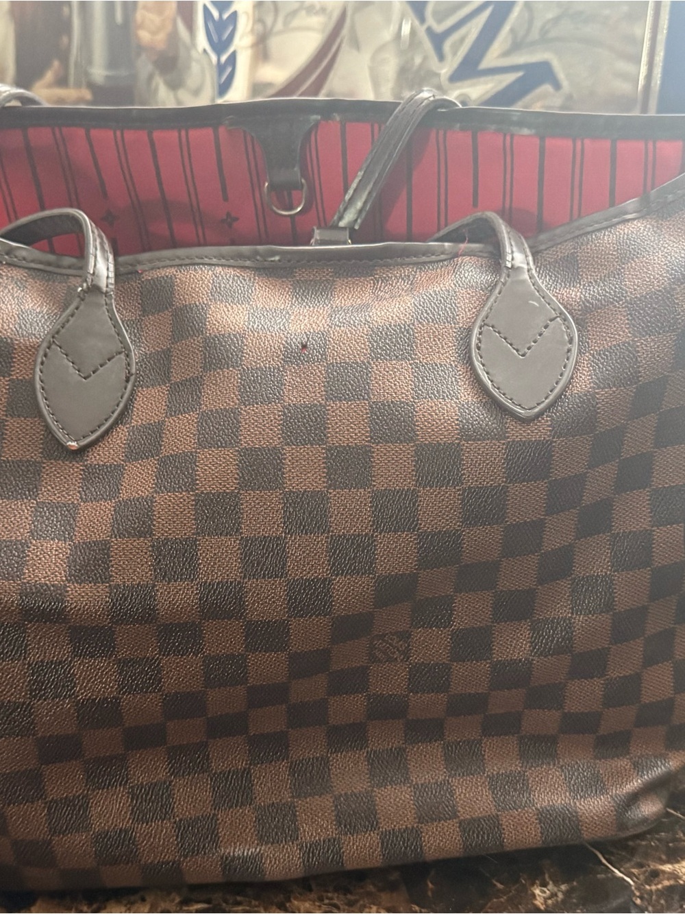 Brown Checkered Tote Bag with Red Interior